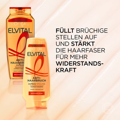 Elvital Anti-Haarbruch Shampoo und Spülung vor cremigem Textur-Hintergrund mit dem Text: „Füllt brüchige Stellen auf und stärkt die Haarfaser für mehr Widerstandskraft“.