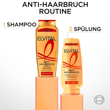 Schritt-für-Schritt Anti-Haarbruch Routine auf Podesten: Schritt 1 ist das Elvital Aufbau-Shampoo, Schritt 2 die passende Elvital Aufbau-Spülung.