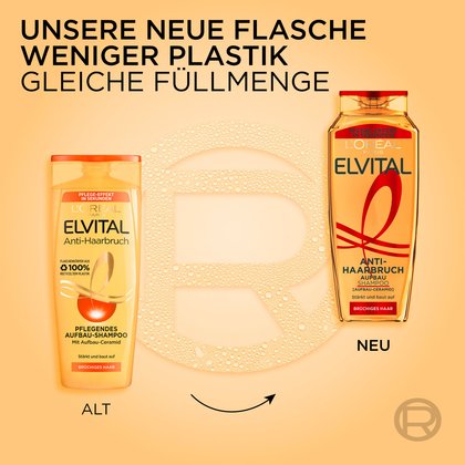 Produktvergleich der Elvital Anti-Haarbruch Shampoo-Flasche mit der Aufschrift „Unsere neue Flasche: Weniger Plastik, gleiche Füllmenge“. Links die alte gelbe Verpackung, rechts das neue, schlankere Design.