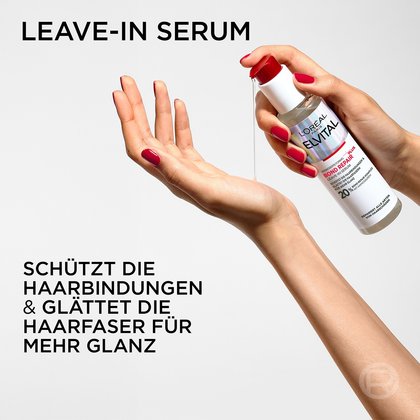 Eine Hand mit rot lackierten Fingernägeln hält das Serum und betätigt den Pumpspender, um einen Tropfen des klaren Serums auf die Handfläche einer zweiten Hand zu geben. Titel: „LEAVE-IN SERUM“ mit der Aussage: „SCHÜTZT DIE HAARBINDUNGEN & GLÄTTET DIE HAARFASER FÜR MEHR GLANZ“.