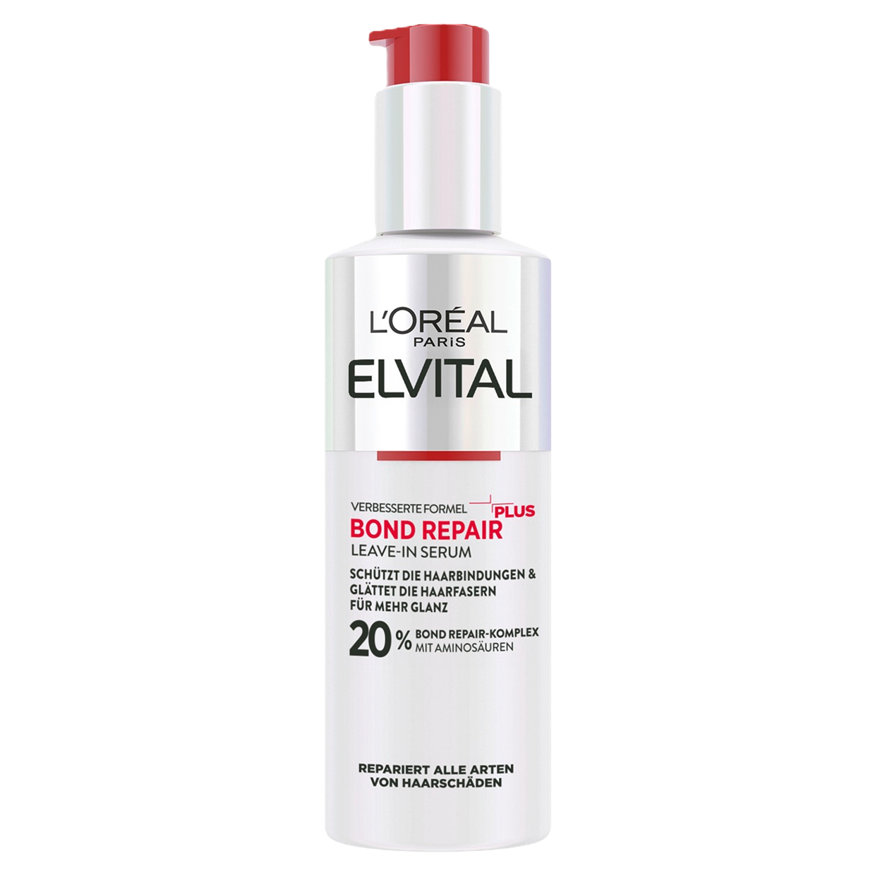Freigestellte Produktabbildung der Vorderseite des „L'Oréal Paris Elvital Bond Repair Leave-In Serums“ (150 ml) vor weißem Hintergrund. Die weiße Flasche ist mit einer roten Dosierpumpe versehen und zeigt das silbrig-holografische Design mit der Aufschrift „20% Bond Repair-Komplex mit Aminosäuren“.