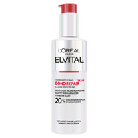 Freigestellte Produktabbildung der Vorderseite des „L'Oréal Paris Elvital Bond Repair Leave-In Serums“ (150 ml) vor weißem Hintergrund. Die weiße Flasche ist mit einer roten Dosierpumpe versehen und zeigt das silbrig-holografische Design mit der Aufschrift „20% Bond Repair-Komplex mit Aminosäuren“.