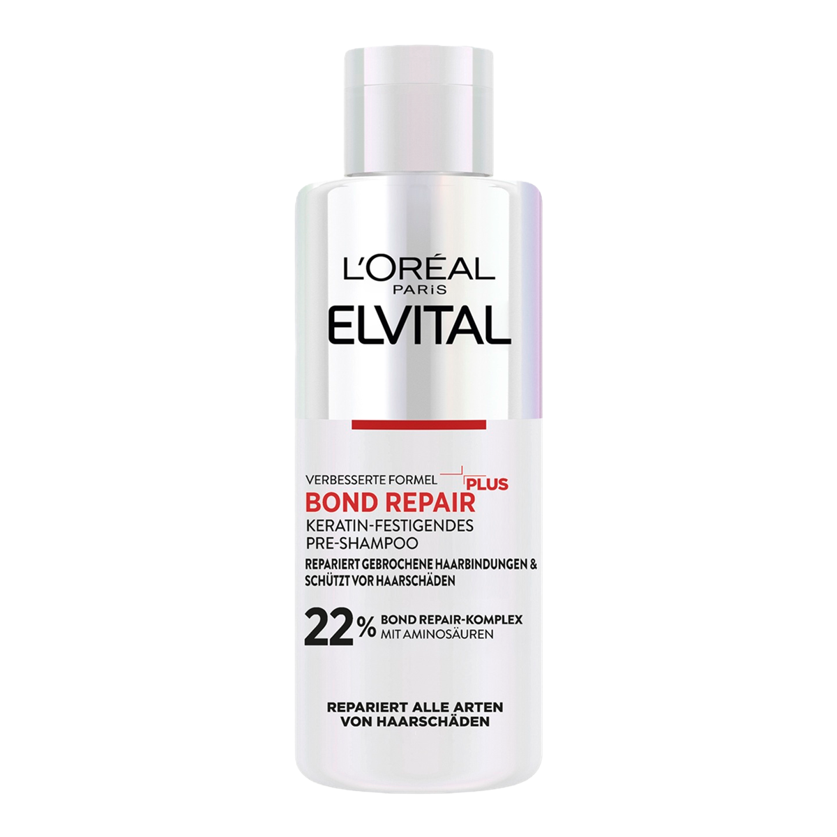Freigestellte Produktabbildung der Vorderseite des „L'Oréal Paris Elvital Bond Repair Keratin-Festigenden Pre-Shampoos“ (200 ml) vor weißem Hintergrund. Zu sehen ist die weiße Flasche mit silbrig-holografischem Etikett, weißem Klappdeckel und der Wirkstoffangabe „22% Bond Repair-Komplex mit Aminosäuren“.