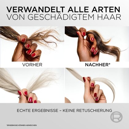 Ein Vorher-Nachher-Vergleich der Haarstruktur anhand von vier Bildern, bei denen Hände mit roten Fingernägeln die Strähnen halten (identisch mit Bild 9). Oben bei braunem Haar: Links strohig („VORHER“), rechts glatt („NACHHER*“). Unten bei platinblondem Haar: Links trocken mit abstehenden Härchen, rechts seidig und gebündelt. Text: „VERWANDELT ALLE ARTEN VON GESCHÄDIGTEM HAAR“, „ECHTE ERGEBNISSE - KEINE RETUSCHIERUNG“.