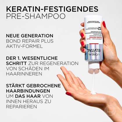Eine Hand mit rot lackierten Fingernägeln hält die Pre-Shampooflasche über Kopf und gibt eine Portion der weißen, cremigen Pflege auf die Handfläche einer zweiten Hand. Links steht der Text: „KERATIN-FESTIGENDES PRE-SHAMPOO – NEUE GENERATION BOND REPAIR PLUS AKTIV-FORMEL – DER 1. WESENTLICHE SCHRITT ZUR REGENERATION VON SCHÄDEN IM HAARINNEREN – STÄRKT GEBROCHENE HAARBINDUNGEN UM DAS HAAR VON INNEN HERAUS ZU REPARIEREN“.