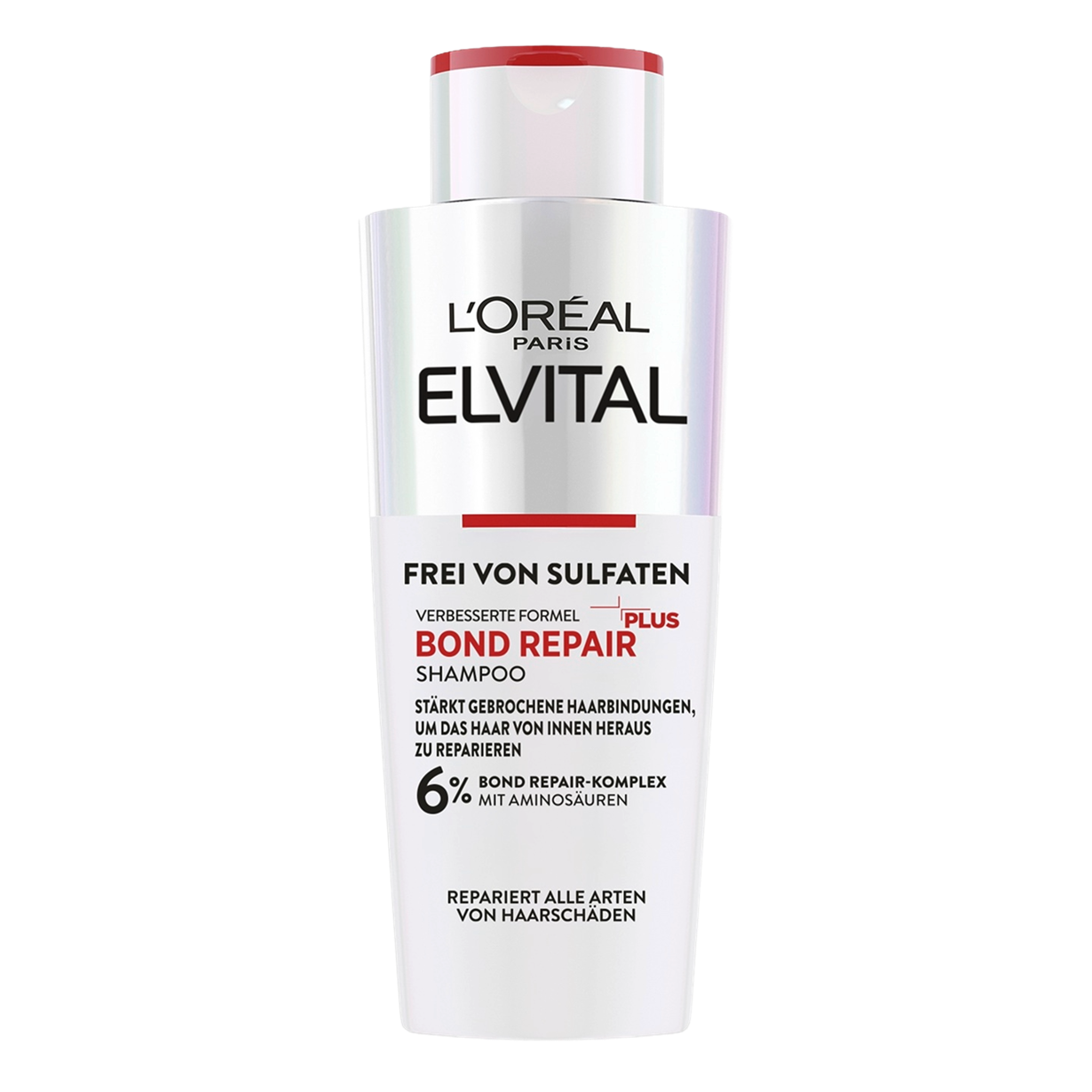 Freigestellte Produktabbildung der Vorderseite der „L'Oréal Paris Elvital Bond Repair“ Shampooflasche (200 ml) vor weißem Hintergrund. Zu sehen sind das silbrig-holografische Etikett, der rote Deckel und der Aufdruck „6% Bond Repair-Komplex mit Aminosäuren“.