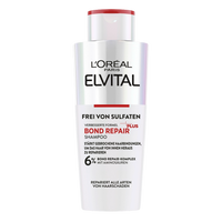 Freigestellte Produktabbildung der Vorderseite der „L'Oréal Paris Elvital Bond Repair“ Shampooflasche (200 ml) vor weißem Hintergrund. Zu sehen sind das silbrig-holografische Etikett, der rote Deckel und der Aufdruck „6% Bond Repair-Komplex mit Aminosäuren“.