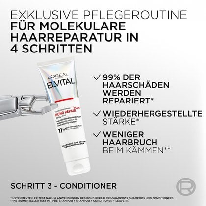 Werbegrafik zur Pflegeroutine. Eine silberne Metallkralle hält links die Tube der Bond Repair Spülung. Rechts daneben stehen drei Wirksamkeitsversprechen: „✓ 99% der Haarschäden werden repariert*“, „✓ Wiederhergestellte Stärke*“ und „✓ Weniger Haarbruch beim Kämmen**“ unter dem Titel „EXKLUSIVE PFLEGEROUTINE FÜR MOLEKULARE HAARREPARATUR IN 4 SCHRITTEN – SCHRITT 3 - CONDITIONER“.