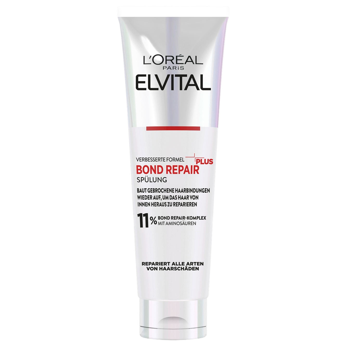 Freigestellte Produktabbildung der Vorderseite der „L'Oréal Paris Elvital Bond Repair Spülung“ in einer weißen Standtube (200 ml) vor weißem Hintergrund. Die Tube zeigt das silbrig-holografische Design, einen roten Balken und die Wirkstoffangabe „11% Bond Repair-Komplex mit Aminosäuren“.