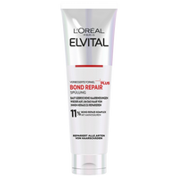 Freigestellte Produktabbildung der Vorderseite der „L'Oréal Paris Elvital Bond Repair Spülung“ in einer weißen Standtube (200 ml) vor weißem Hintergrund. Die Tube zeigt das silbrig-holografische Design, einen roten Balken und die Wirkstoffangabe „11% Bond Repair-Komplex mit Aminosäuren“.