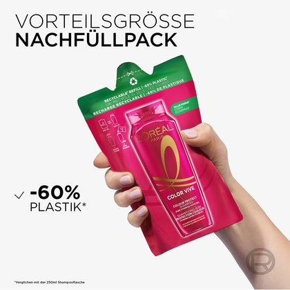Text: Vorteilsgrösse Nachfüllpack -60% Plastik; daneben Produkt von einer Hand gehalten