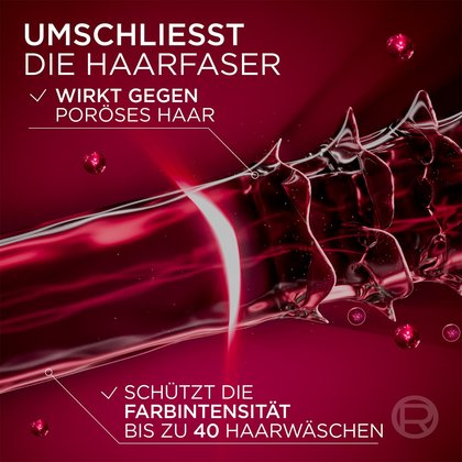 Ein Haar stark vergrößert dargestellt mit 2 Produktvorteilen daneben aufgelistet