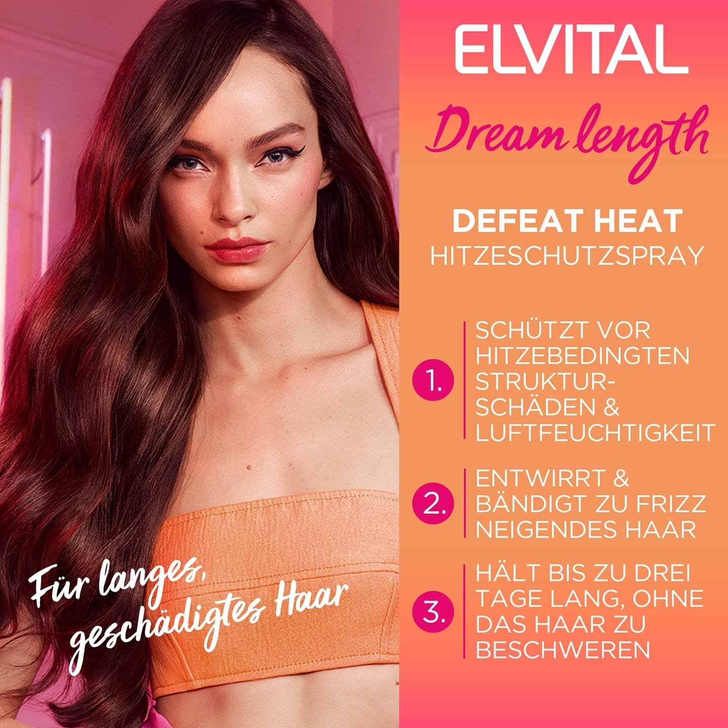 Vorteilskommunikation des Elvital Dream Lenght Defeat Heat Hitzeschutzes