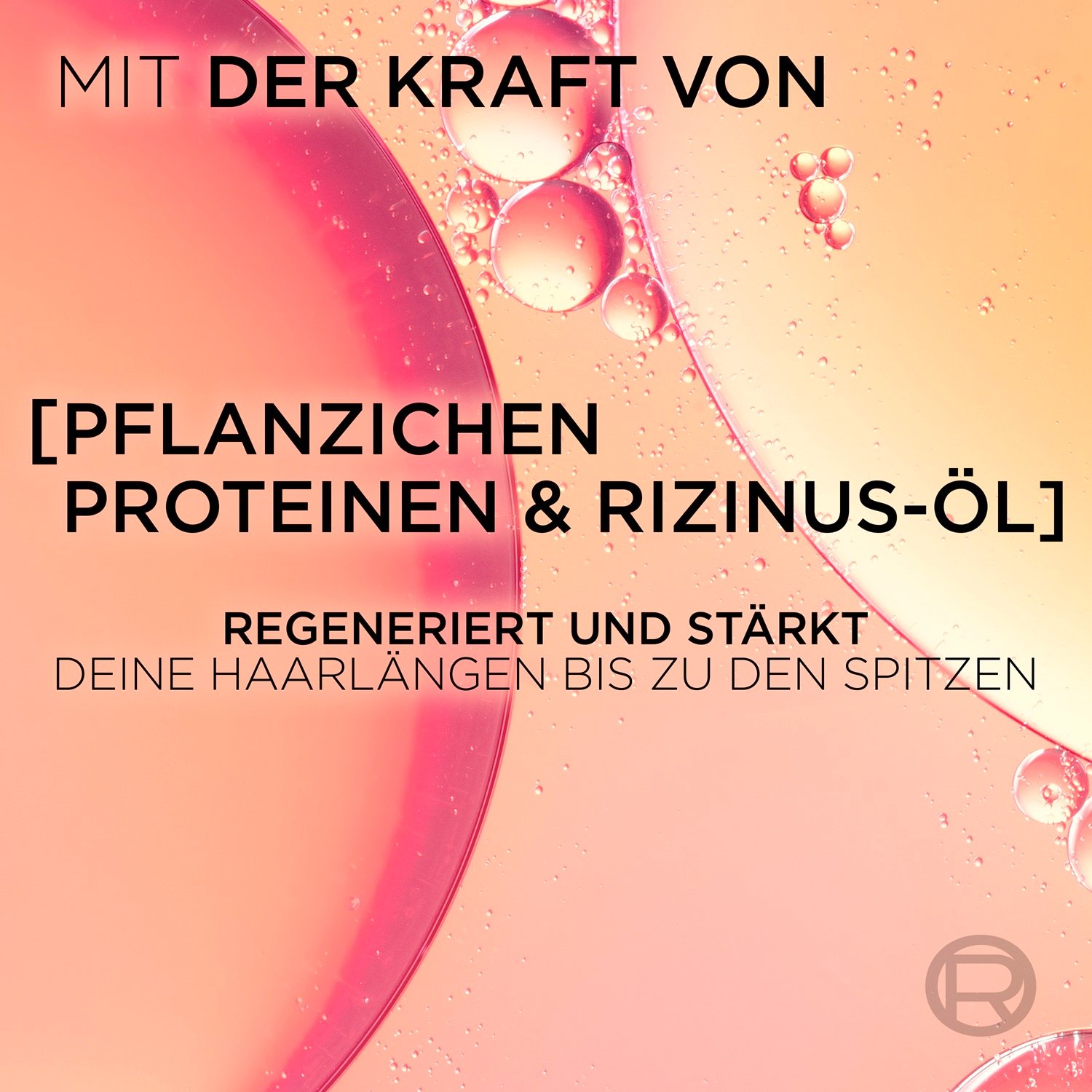 Nahaufnahme einer Flüssigkeit, darüber Text: Mit der Kraft von pflanzlichen Proteinen & Rizinus-Öl
