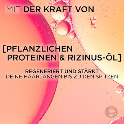 Nahaufnahme einer Flüssigkeit, darüber Text: Mit der Kraft von pflanzlichen Proteinen & Rizinus-Öl