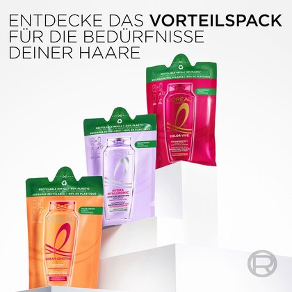 3 Elvtal Shampoos im Nachfüllpack; darüber Text: Entdecke das Vorteilspack für die Bedürfnisse Deiner Haare