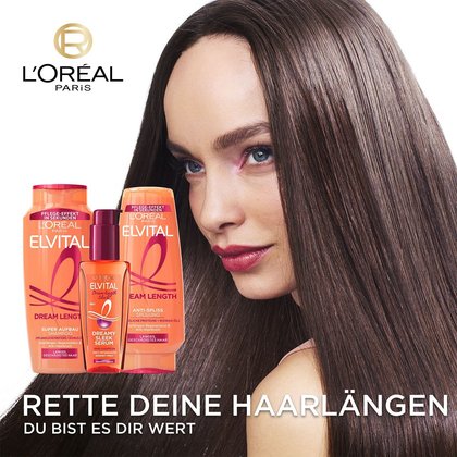 Text: Rette Deine Haarlängen; darüber 3 Dream Lenght Produkte & eine Frau mit langen dunklen Haaren
