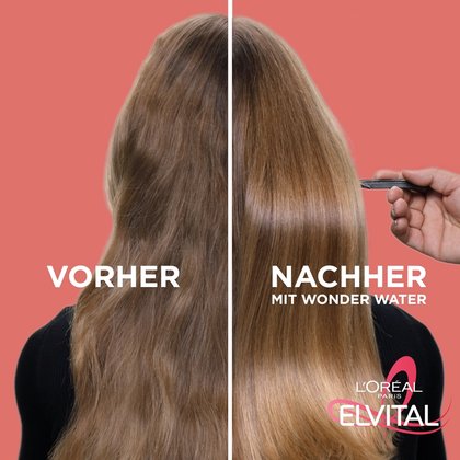 Anwendung ELVITAL Dream Length Wonder Water Haarfluid vorher/nachher Vergleich