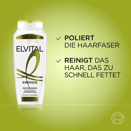 Transparent-grüne Flasche des Elvital Energie Reinigenden Shampoos vor grünem Hintergrund mit zwei Häkchen: „Poliert die Haarfaser“ und „Reinigt das Haar, das zu schnell fettet“.