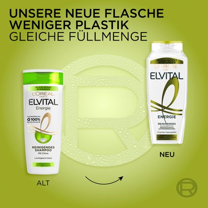 Produktvergleich der Elvital Energie Shampoo-Flasche mit der Überschrift „Unsere neue Flasche: Weniger Plastik, gleiche Füllmenge“. Links die alte weiße Verpackung mit grünem Deckel, rechts die neue transparente Flasche mit olivgrünen Details.
