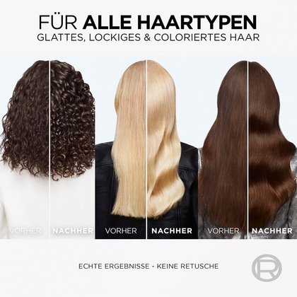 Vorher und Nachher Ergebnis der Elvital Glycolic Gloss Laminierung anhand drei verschiedener Haartypen