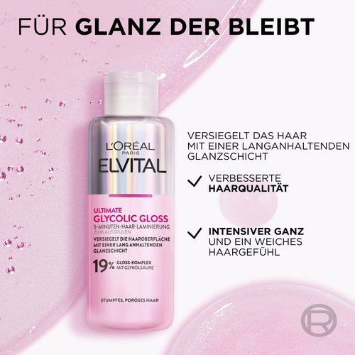 Elvital Glycolic Gloss Laminierung Produktabbildung plus positive Eigenschaften der Haar-Laminierung