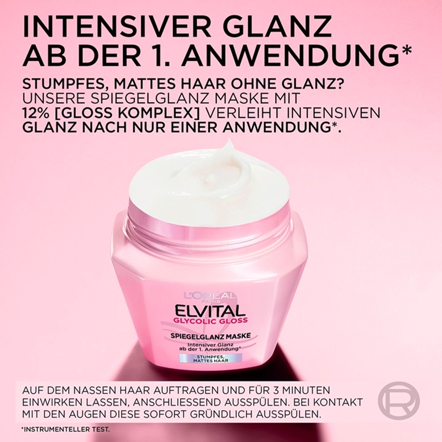 Geöffneter Tiegel der Elvital Spiegelglanz Maske mit Anwendungshinweisen.