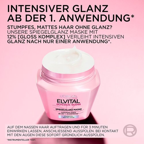 Geöffneter Tiegel der Elvital Spiegelglanz Maske mit Anwendungshinweisen.