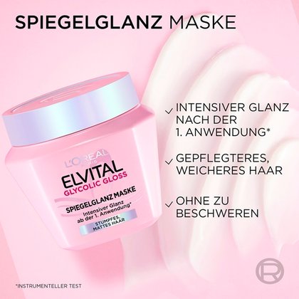 Geöffneter Tiegel der Elvital Glycolic Gloss Maske mit Hinweis auf 12% Gloss-Komplex.