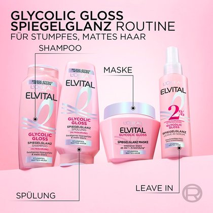Die komplette Elvital Glycolic Gloss Pflegeserie bestehend aus Shampoo, Spülung, Maske und Serum.