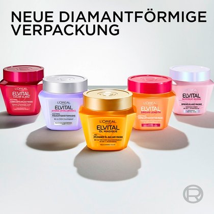Fünf verschiedene L'Oréal Elvital Haarmasken im neuen diamantförmigen Tiegel-Design.