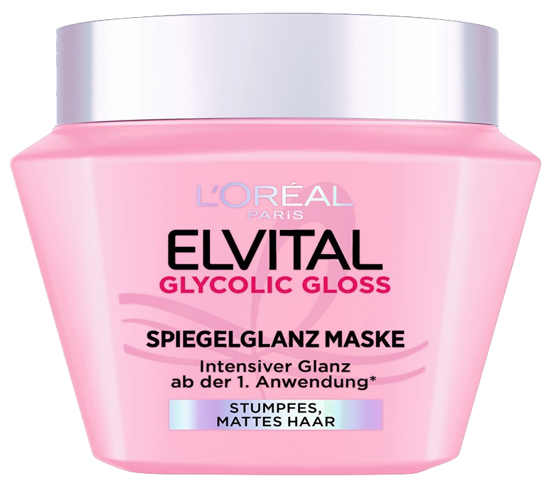 L'Oréal Elvital Glycolic Gloss Spiegelglanz Maske im rosa Tiegel.