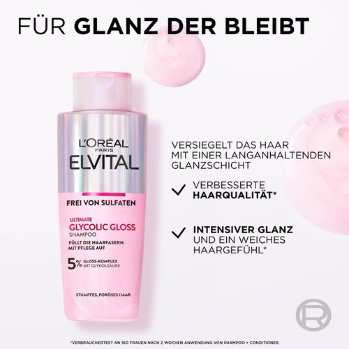 Elvital Glycolic Gloss Shampoo Produktabbildung plus positive Eigenschaften des Haar-Shampoos
