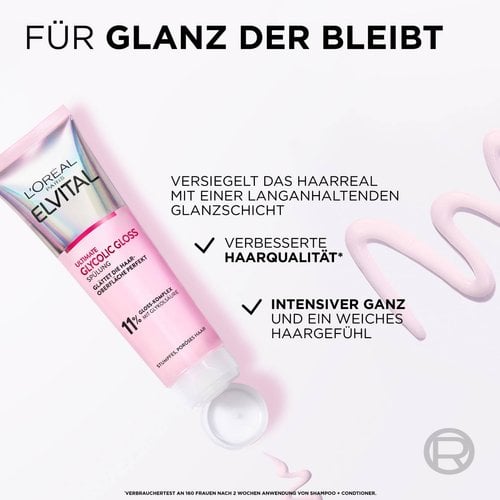 Elvital Glycolic Gloss Spülung Produktabbildung plus positive Eigenschaften der Haar-Spülung