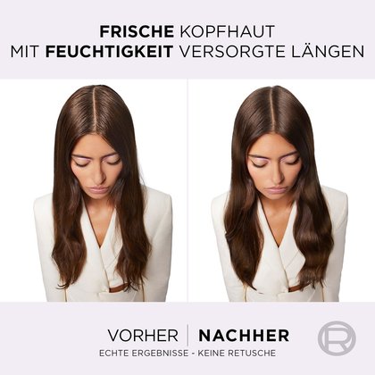 Anwendung - Vorher / Nachher-Vergleich anhand einer jungen Frau mit langen dunklen Haaren