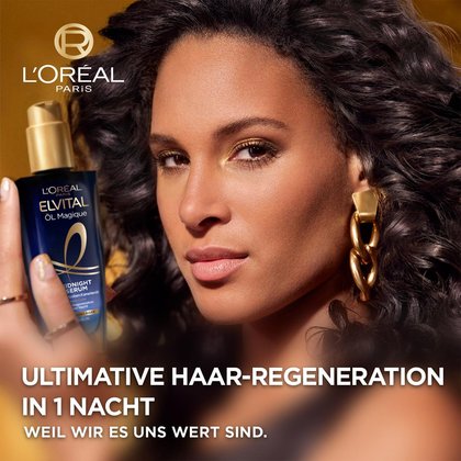 Cindy Bruna hält Öl Magique Midnight Serum in ihrer Hand plus positive Eigenschaft des Serums