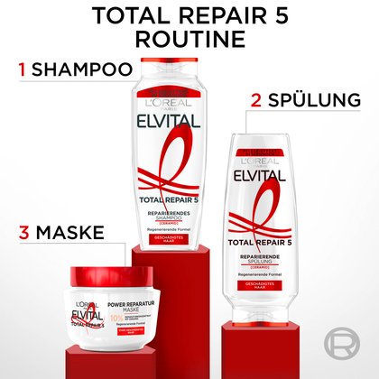 Die drei Schritte der Elvital Total Repair 5 Routine auf roten Podesten: Schritt 1 das Reparierende Shampoo, Schritt 2 die Reparierende Spülung und Schritt 3 die Power Reparatur Maske.