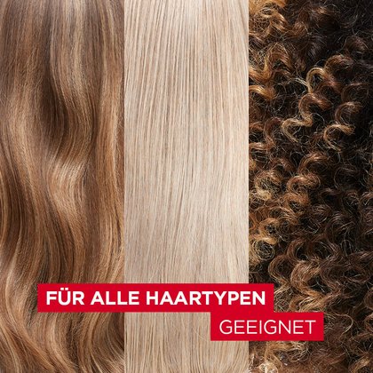 Dreigeteiltes Bild verschiedener Haarstrukturen (wellig-braun, glatt-blond, gelockt-dunkel) mit dem Hinweistext: „Für alle Haartypen geeignet“.