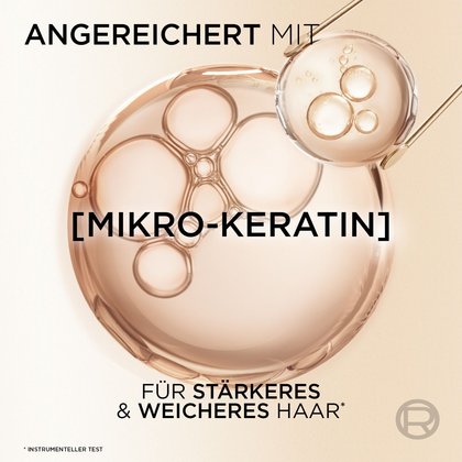 Grafische Darstellung von pflegenden Mikro-Keratin-Tropfen für stärkeres Haar