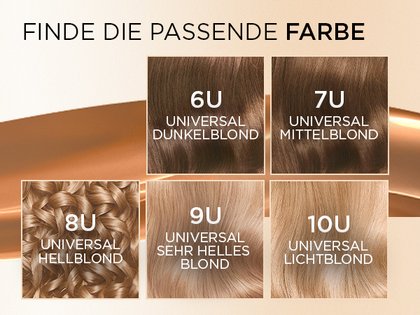Farbauswahl-Tabelle für L'Oréal Excellence Universal Nudes von Dunkelblond (6U) bis Lichtblond (10U)