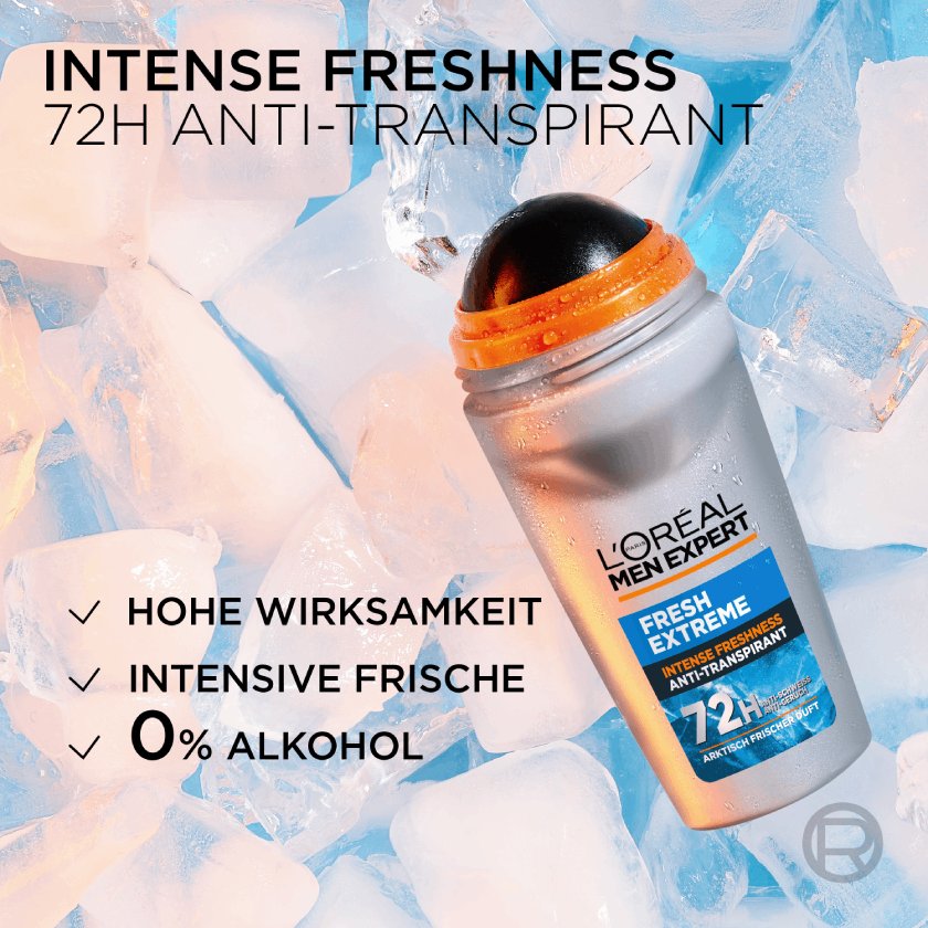 Fresh Extreme Deoroller platziert auf klaren Eiswürfeln.