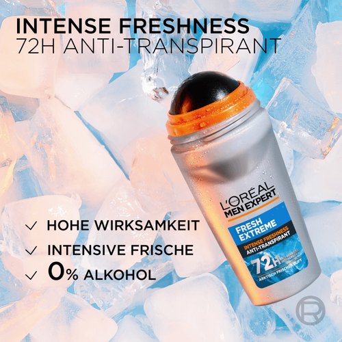 Fresh Extreme Deoroller platziert auf klaren Eiswürfeln.