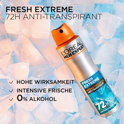 Fresh Extreme Deospray platziert auf einem Bett aus klaren Eiswürfeln.