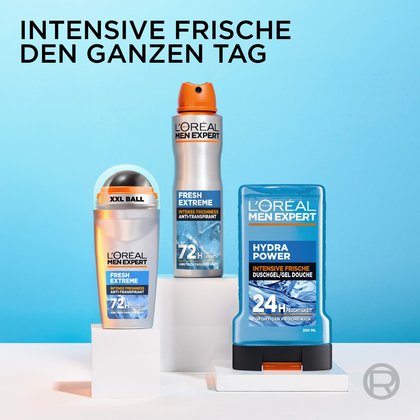 Produktübersicht aus Fresh Extreme Deoroller, Deospray und Hydra Power Duschgel.