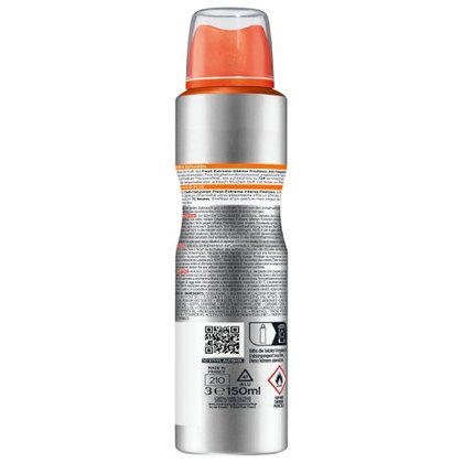 Rückseite der Fresh Extreme Deospray-Dose mit Produktinfos und Barcode.