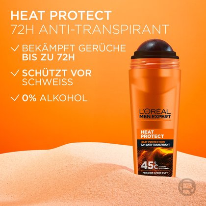 Heat Protect Deoroller 100ml platziert auf feinem, warmem Wüstensand.