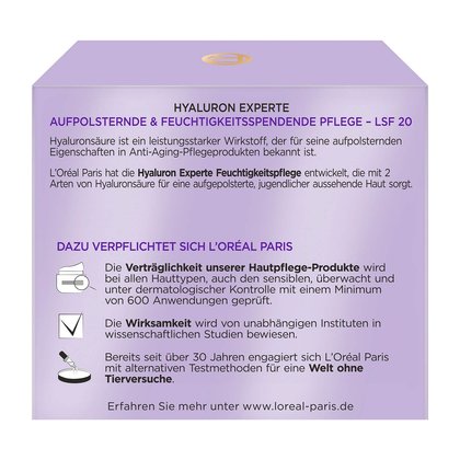 Hyaluron Experte Aufpolsternde & Feuchtigkeitsspendende Pflege Tag LSF 20 Rückseite
