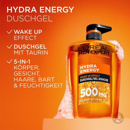 Hydra Energy 1L Flasche vor nassem Hintergrund mit aufgelisteten Vorteilen.