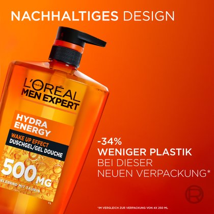 Pumpspender der Hydra Energy 1L Flasche mit dem Hinweis auf 34% weniger Plastik.