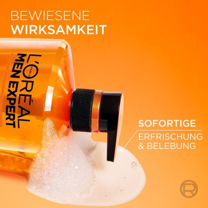 Weißer Duschschaum am Pumpspender der Hydra Energy 1L Flasche.